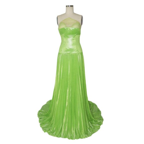 Vtg Size S-M Metallic Green Pleated Corset Bodice Floor Length Prom Gown Dress - Picture 2 of 6